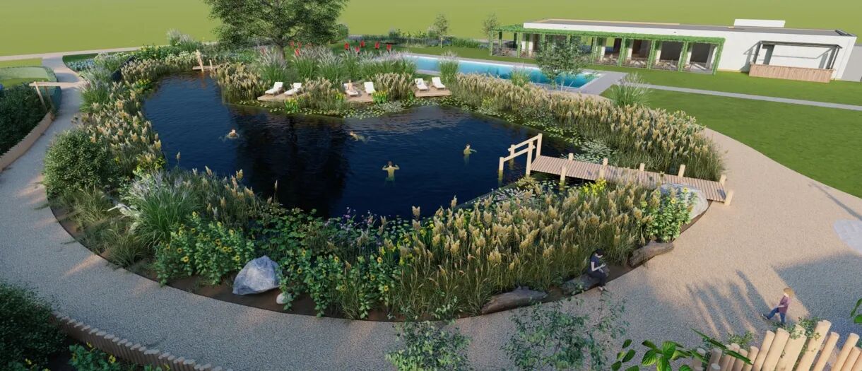 De nieuwe zwemvijver op camping de Twee Bruggen.