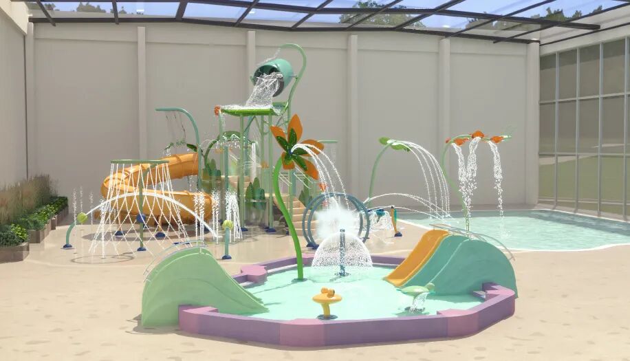 Het nieuwe kinder spray park op camping Ackersate.