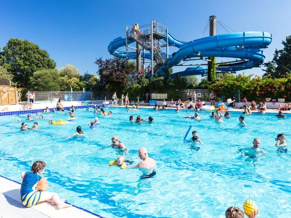 Olympisch zwembad met glijbaan op Roan camping Domaine Naïades.