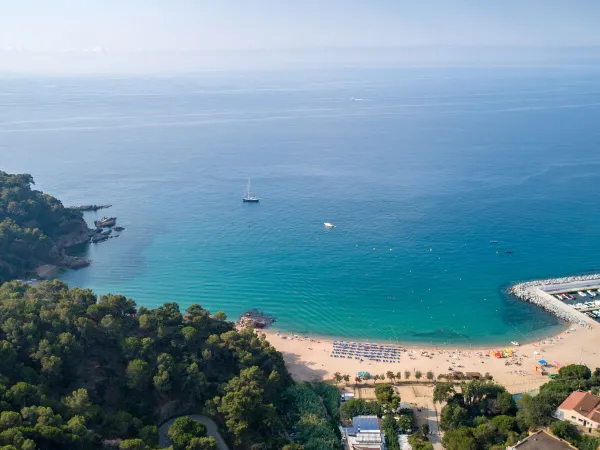 Overzicht strand met zee bij Roan camping Cala Canyelles.