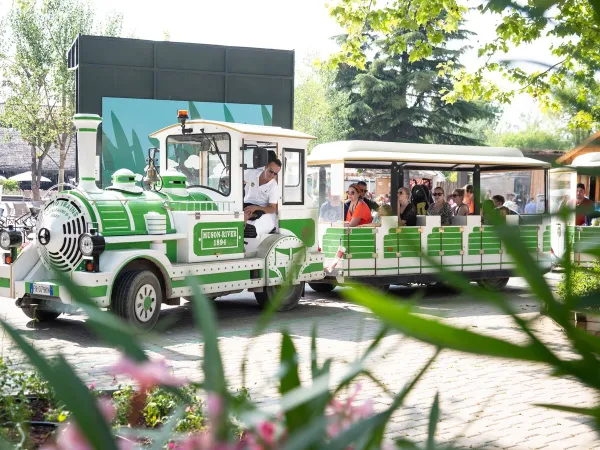 Camping trein rijdt gasten over de Roan camping Altomincio.