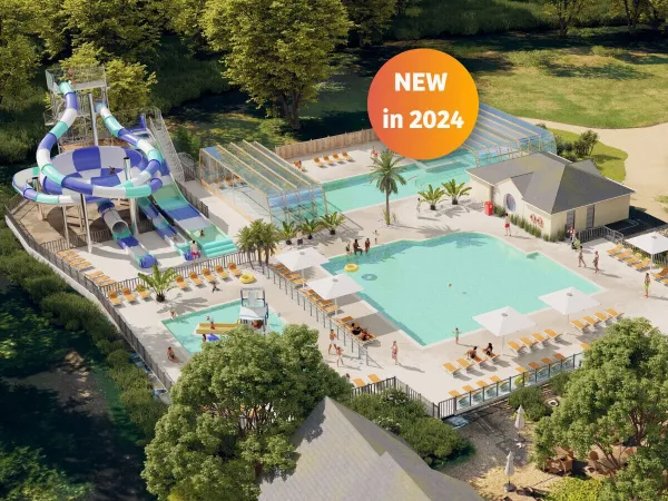 Overzicht van nieuwe zwembad 2024 op Roan camping Domaine de la Brèche.