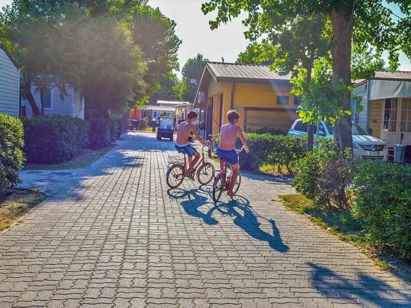 2 jongetjes fietsen over Roan camping Sole Family Camping Village.