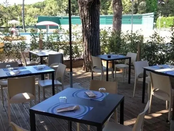 Terras met schaduw bij het zwembad op Roan camping Del Forte.
