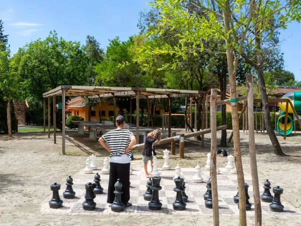 Speeltuin en groot schaakspel op Roan camping hu Montescudaio village.
