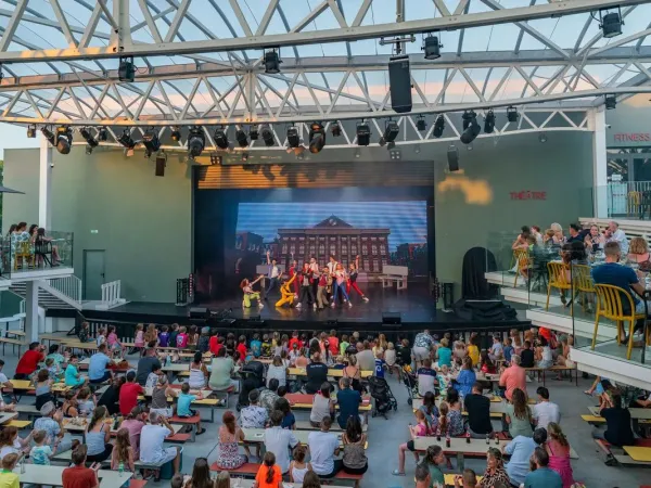 Publiek bekijkt avondshow op Roan camping La Sirène.