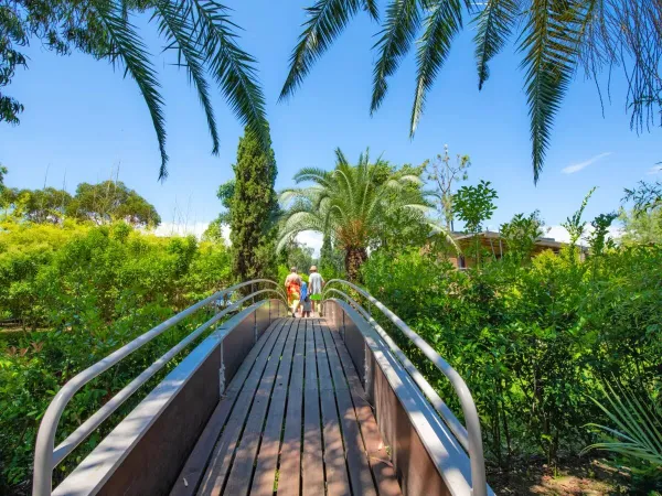 Een wandelbrug met een groene tuin op Roan camping Arinella Bianca