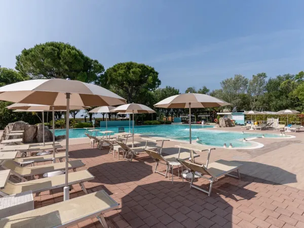 Ligbedden bij het zwembad van Roan camping Tenuta Primero.