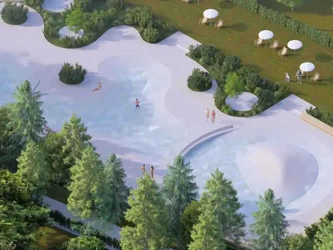 Impressiebeeld van het gloednieuwe zwembad op camping Lido Verbano.