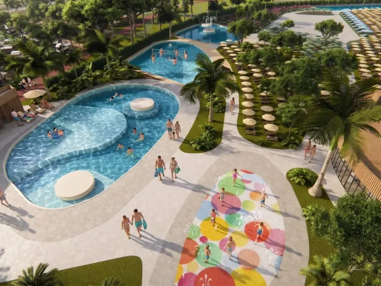 AI gegenereerde afbeelding van het zwembadencomplex op Roan camping Delta Open Air Resort.